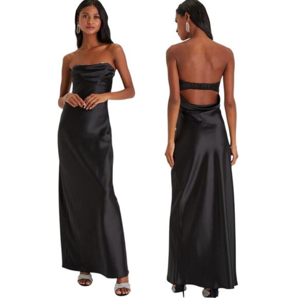 Lulus Exquisite Shine Black Satin Rhinestone Strapless Maxi Dress size Large NWT